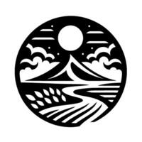 Black and white circular landscape art featuring a mountain, flowing river, clouds, a large full moon, and foliage. vector