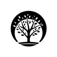 A stark, minimalist silhouette of a tree with leaves, enclosed within a circular black frame on a white background, conveying simplicity and nature. vector