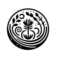 Black and white minimalist botanical emblem featuring stylized flora elements, within a circular frame with organic patterns, evoking natures elegance. vector