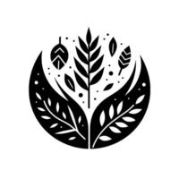 Intricate black and white botanical , composed of stylized leaves, branches, and wheat, arranged in a symmetrical, circular . vector