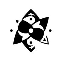A symmetrical, abstract, black and white floral featuring petallike shapes, dots, and arrow details, set against a clean, white background. vector