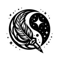 Symbolic YinYang Composition Feathered Quill on a Celestial Canvas, Illustrating the Balance of Writing and the Cosmos in Monochromatic Art. vector