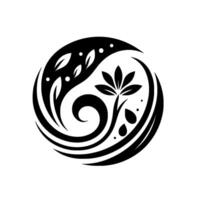 YinYang inspired black and white floral emblem. A symmetrical featuring leaves, dots, and a central stylized flower, all contained within a circular frame. vector