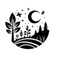 Stylized Black and White Illustration of a Crescent Moon, Stars, Forest, Trees, Plants, and Butterflies in a Circular vector