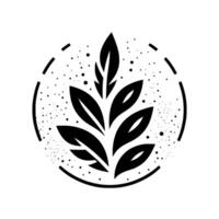 Minimalist Botanical Emblem A symmetrical arrangement of stylized leaves within a dotted circular frame, presented in striking black and white. vector