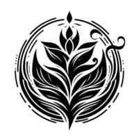 Intricate Floral Emblem A symmetrical, stylized illustration of a botanical within a circle, composed of black, flowing lines on a stark white background. vector