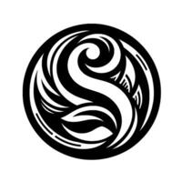 Elegant black and white circular stylized swirl featuring an S shape, embodying a sense of fluidity and balance. vector