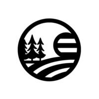 Minimalist Black and White Scenic Nature Landscape with Pine Trees, Striped Hills, and a Geometric Sunlike Element within a Circle. vector