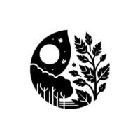 Black and White Yin Yang Inspired Nature with Moon, Trees, Leaves, and Symbolic Elements vector