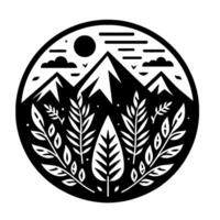 A minimalist, circular black and white illustration of a mountain landscape with stylized peaks, foliage, sun, and clouds, in a natureinspired . vector