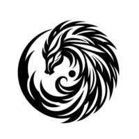 A stylized yinyang emblem featuring a dragonlike creature with flowing, feathered elements, a symbol of balance, rendered in striking black and white. vector