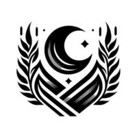 Elegant Black and White Crest Featuring a Crescent Moon, Stars, and Botanical Elements, Representing Peace. vector