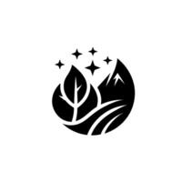 Stylized black and white of a landscape within a droplet shape, featuring a leaf, mountain, and stars. vector