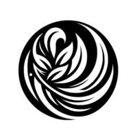Monochromatic Circular Emblem Detailed illustration with stylized leaves and swirling, featherlike elements encased in a black orb, creating a balanced, . vector