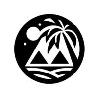 Black and white circular featuring stylized mountains, palm tree, sun, and water. vector