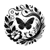 Intricate Black and White Circular A Central Butterfly Embraced by Floral and Foliage Elements with Tiny Butterfly Accents. vector