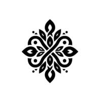 Intricate symmetrical black floral featuring interwoven stylized leaves, loops, and dots, set against a pristine white background. vector