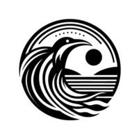 Circular minimalist emblem featuring a bird, ocean waves, sun, and horizon, rendered in bold black and white lines, evoking a sense of serenity. vector