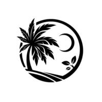 Silhouette of a tropical scene within a circle, featuring a palm tree, crescent moon, leaves, and landscape elements, evoking a serene, minimalist vibe. vector