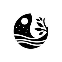Yin Yang of Nature A black and white minimalist depicting a serene night sky with stars and moon, water, and a tree with leaves, symbolizing balance. vector
