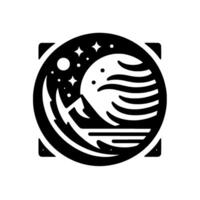 Black and white minimalist illustration of a cosmic landscape within a circle, featuring mountains, moon, stars, and water. The is contained inside a square. vector