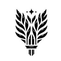 Abstract Black and White Emblem A stylized featuring a central pillar supporting symmetrical, glossy leaflike elements, crowned with three stars. vector