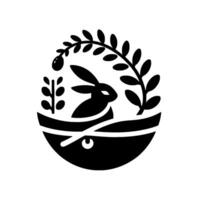 Minimalist Black and White Easter Rabbit in an EggShaped Nest with Botanical Embellishments. vector