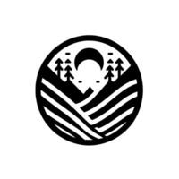 Minimalist Black and White Circle Depicting a Landscape with Mountains, Crescent Moon, and Pine Trees. vector