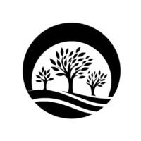 A stylized black and white circular depicting three trees on rolling hills within a curved frame, symbolizing nature and growth. vector