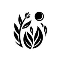 A minimalist black and white featuring stylized foliage with a crescent moon shape, suggesting growth and harmony. vector