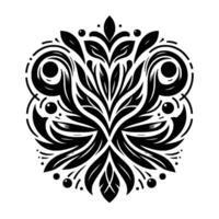 Intricate symmetrical floral in a minimalist black and white style featuring swirling motifs, stylized leaves, and dot accents, creating a balanced composition. vector