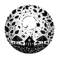 Whimsical black and white circular illustration of a cozy cottage scene, surrounded by a wreath of leaves, mushrooms, and falling foliage, evoking a sense of autumn and tranquility. vector