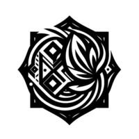 Geometric and organic fusion in a symmetrical black and white , showcasing intricate lines and shapes forming a stylized floral or leaflike motif within an octagonal frame. vector