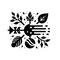 Black and White Geometric Composition Featuring Leaves, a Central Sphere, and Arrowlike Elements, Evoking Nature and Abstract . vector
