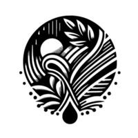 A stylized black and white circular artwork featuring natural elements, including leaves, water droplets, sun and intricate organic patterns, with a minimalist and modern aesthetic. vector