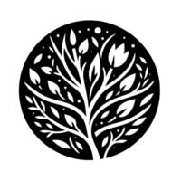 An Elegant Monochrome Tree with Leaves and Flowers Inside a Dark Circle, Embodying Natures Beauty, Minimalism, and Serenity. vector
