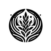 Intricate black and white floral emblem, symmetrical featuring leaves and a stylized organic pattern, enclosed within a circular frame, minimalist art vector