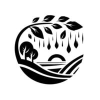 Black and white circular featuring a stylized landscape with trees, a sun, leaves and rain drops, representing nature and growth. vector