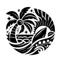 Circular black and white depicting a stylized tropical beach scene palm trees, waves, sun, surfboard, and decorative elements. vector