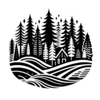 Black and white illustration of a cabin nestled in a forest of stylized evergreen trees, set within a circular landscape. vector