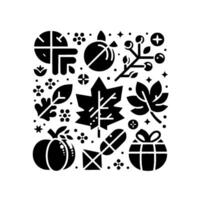 Black and White Thanksgivingthemed Illustration A geometric composition featuring autumn leaves, fruits, and gifts, creating a patternlike arrangement with decorative elements. vector