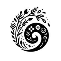 Intricate Black and White Floral Spiral with a Variety of Botanical Elements on White Background. vector