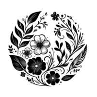 Intricate Floral and Foliage Composition A Circular Arrangement of Black and White Botanical Elements, Showcasing Detailed Petals, Leaves, and Delicate Tendrils. vector