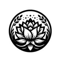 Intricate Black and White Floral Mandala Featuring a Lotus Blossom, Leafy Sprigs, and Dot Accents, Within a Circular Frame on a White Background vector
