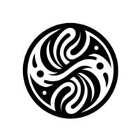 Intricate YinYang Emblem A symmetrical, stylized black and white featuring swirling organic shapes and dot accents within a circular frame, evoking harmony. vector