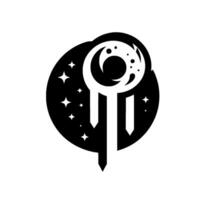 Mystical Crest Crescent Moon, Celestial Stars, and Geometric Staff in a Black and White, Minimalist Style. vector