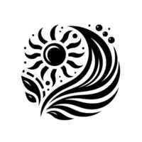 A stylized, circular black and white featuring a sun, waves, leaves, and bubbles, evoking a sense of harmony and natural elements. vector