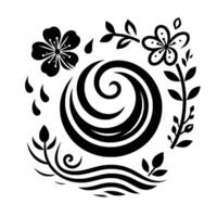 Black and white floral and water element composition with stylized flowers, leaves, and swirling patterns, creating a balanced, decorative . vector