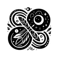 Intricate Black and White Celestial and Feather Motif with Stylized Circles, Stars, and Decorative Elements. vector