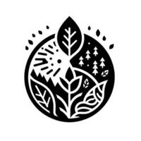 Stylized Black and White Circular Illustration Depicting Elements of Nature with Leaves, Mountains, Trees, and Rain vector